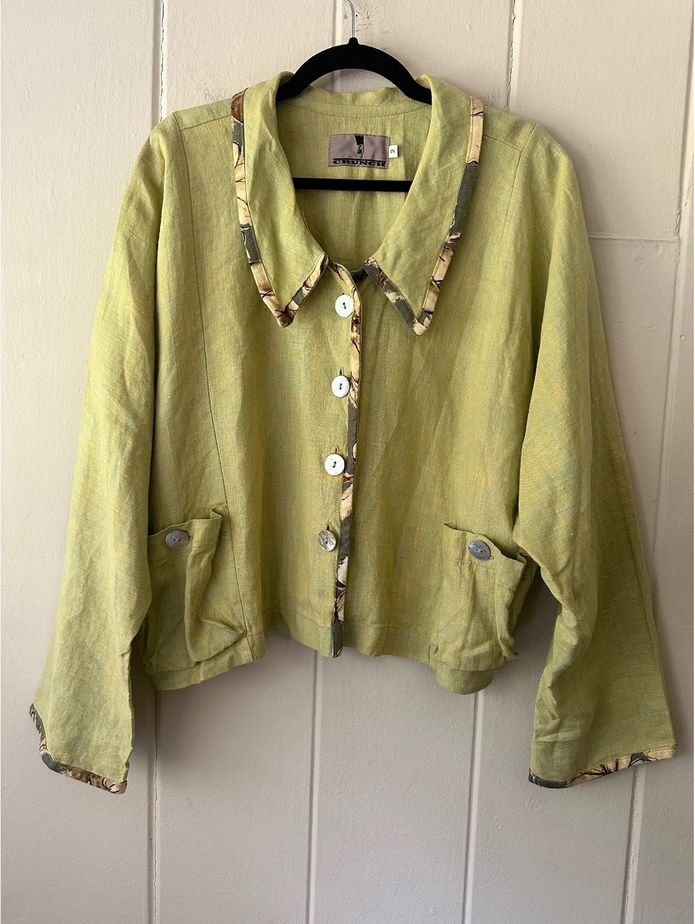 Vintage 90s Crunch Linen Jacket Chartreuse Green Lagenlook Crop Blazer Size 2 XL